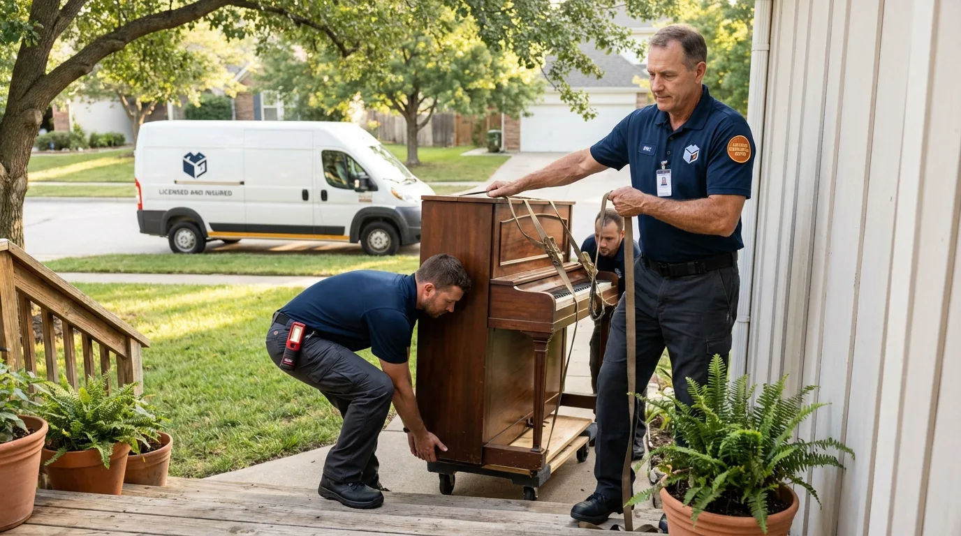 Licensed piano movers securing grand piano in Nelson, NE