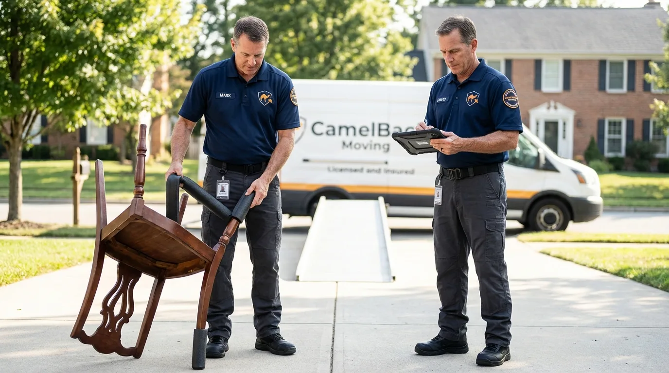 Movers inspecting furniture for damage prevention before loading in Nelson, NE